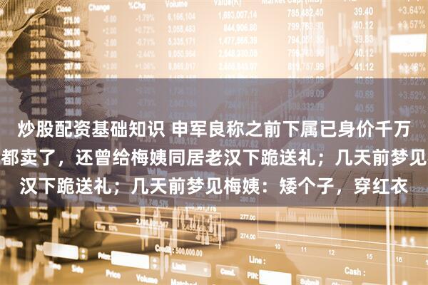 炒股配资基础知识 申军良称之前下属已身价千万,自己为找孩子车和房都卖了,还曾给梅姨同居老汉下跪送礼;几天前梦见梅姨:矮个子,穿红衣